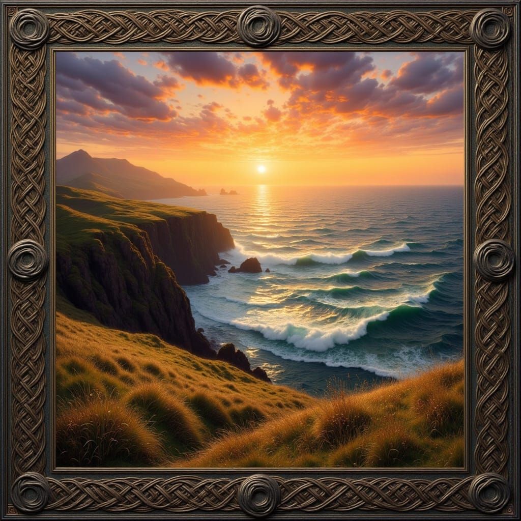 Highland Moor Sunset Over Turbulent Ocean in Celtic Style