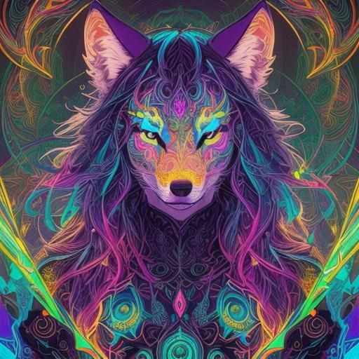 luminous colors, golden outlines, portrait of a white glass wolf ...