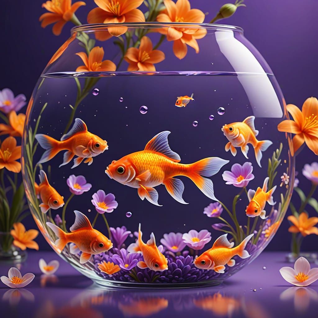 A small transparent fishbowl with beautiful Goldfish swimming in it, against a brilliant solid purple ...  by @ PuppyMom