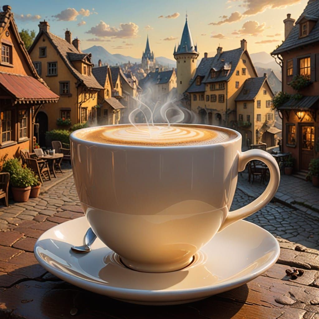 Highly creative. Digital painting. A colossal, whimsical teacup, large enough to contain a small village, sits serenely in a vast, alien des...