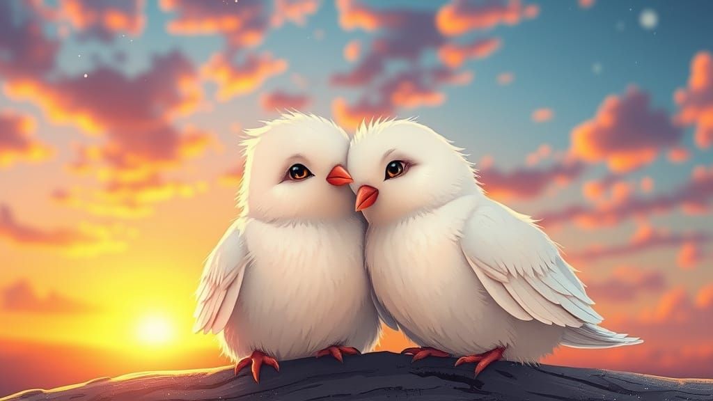 Whimsical Baby Doves Gaze at Sunset in Vibrant, Dreamlike Sc...