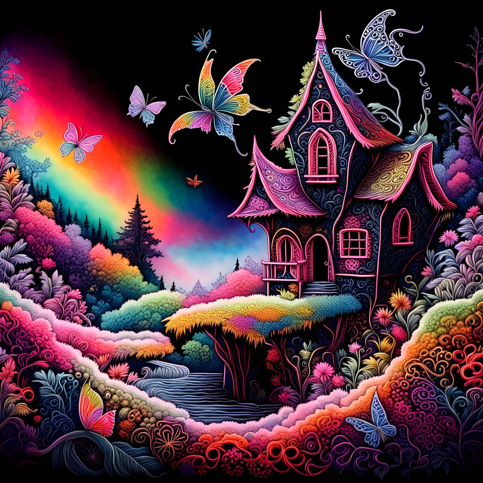 Prismatic neon painted on black velvet,  Fantasy fairy house...