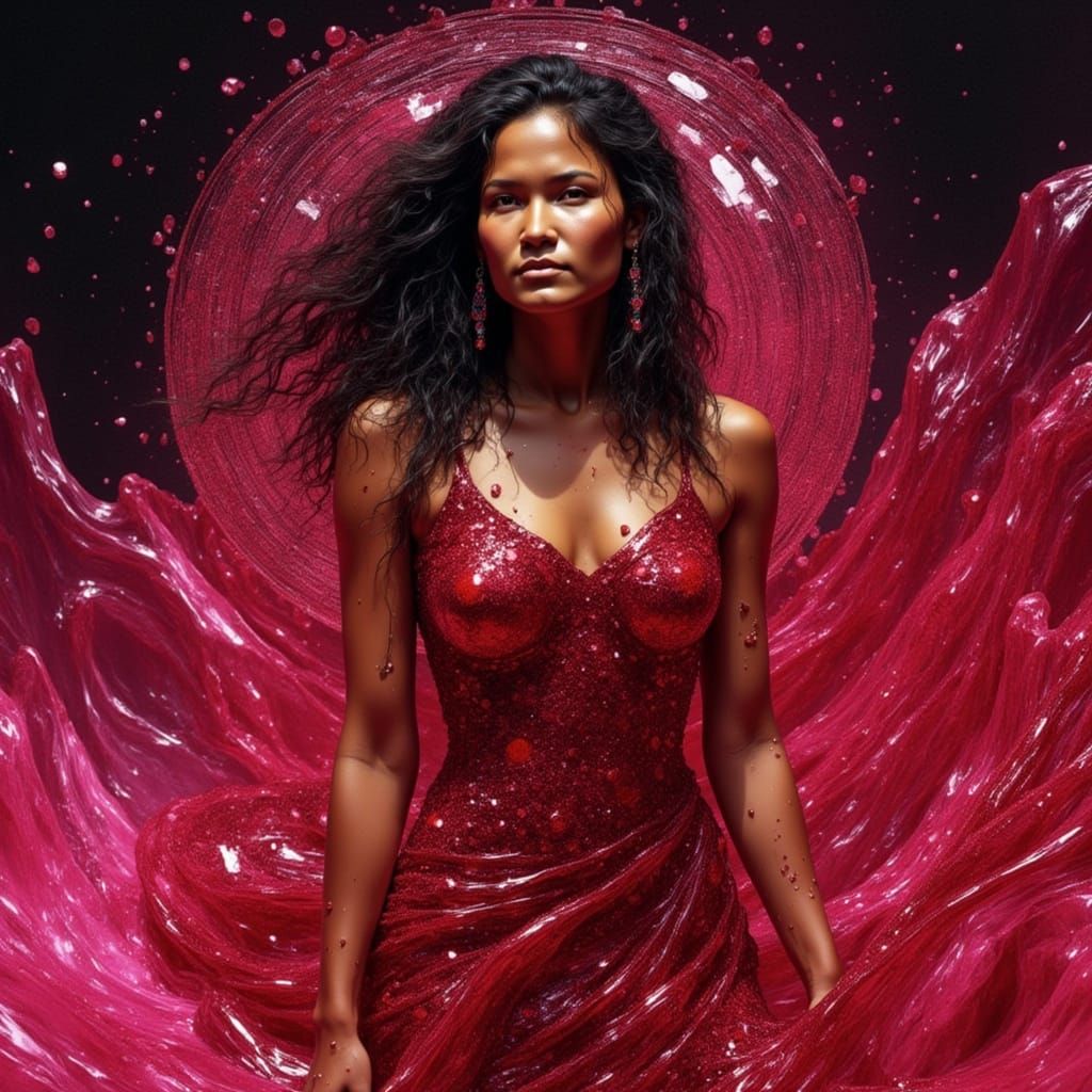 <lora:Metal Fusion:1.0> A native woman wearing a dress of melting liquid Winza Rubies. <lora:Archetypal Images:1.0> <lora:Winza Rubies:1.0> ...