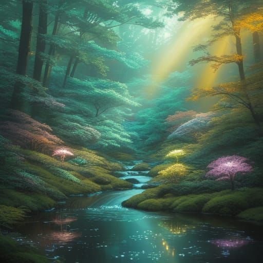 A serene anime-style forest glade, where sunlight filters through the leaves, illuminating a crystal-clear stream. 