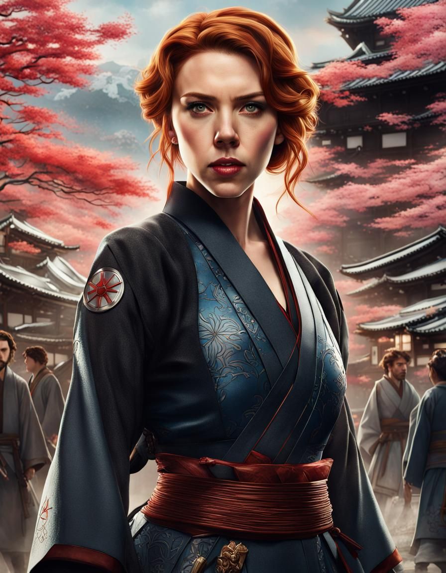 Scarlett Johansson, Natasha Romanoff, Black Widow dressed as a Medieval Japanese hime in Japan, action scene, Marvel Stu...