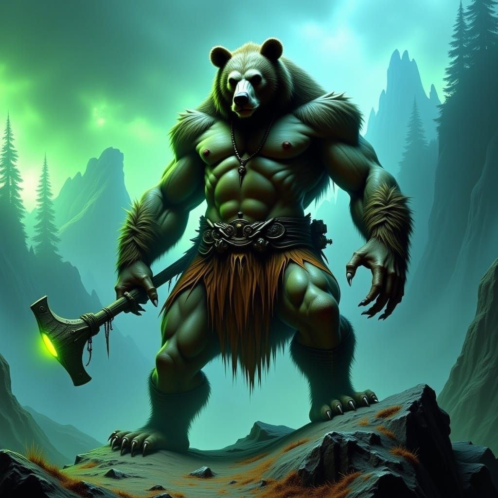  <lora:Eerie2 Flux:1.0>Eerie bear warrior