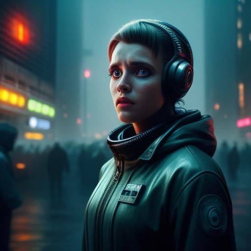 <lora:Star Scream SD15:0.7>
Medium shot of a female sci-fi protagonist in a cyberpunk city on a rainy evening. Retro Sci-Fi movie scene.