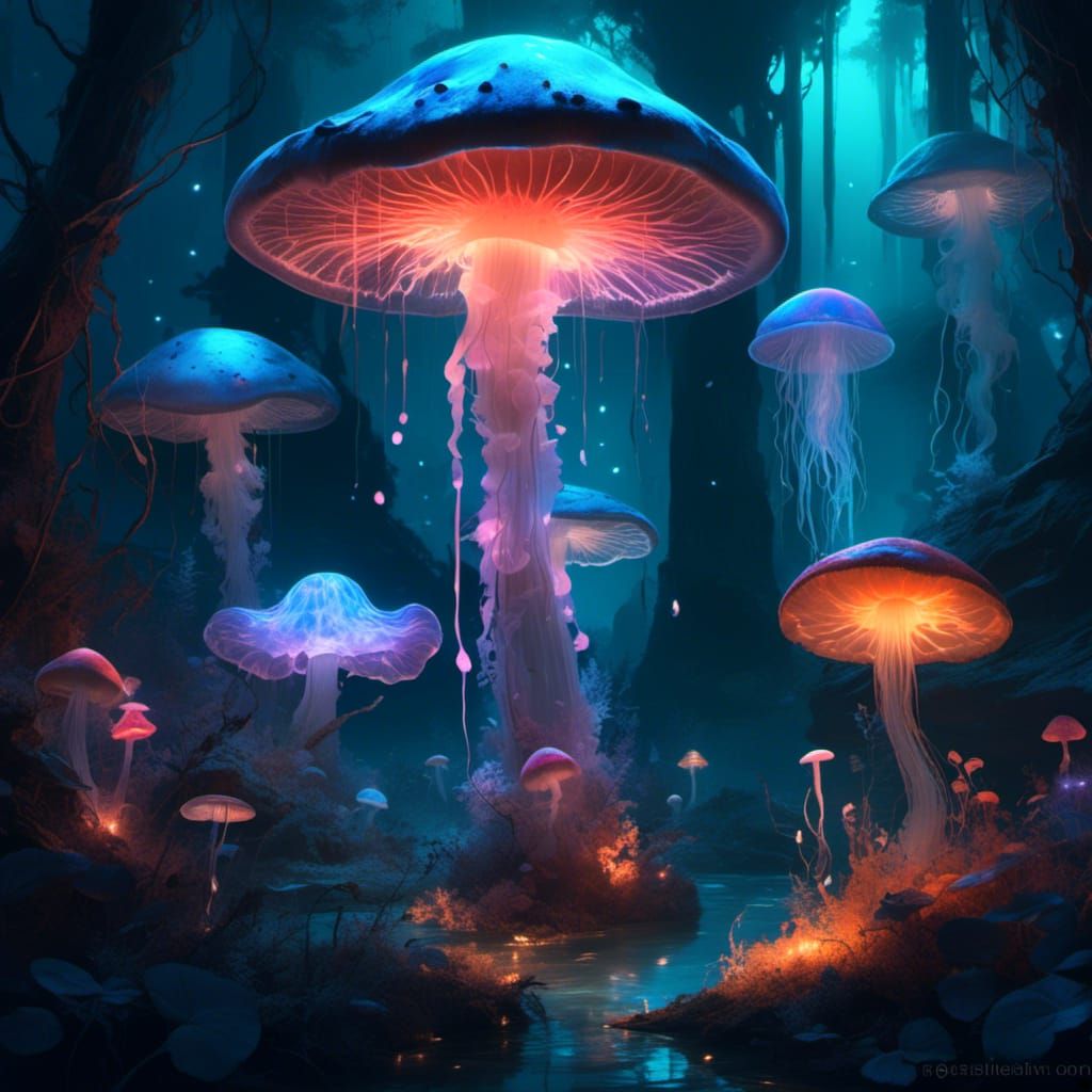 A giant bioluminescence realism mushroom forest, with floati...