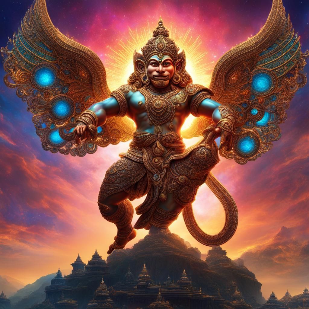 hanuman flying to the sun 8k resolution concept art intricat...