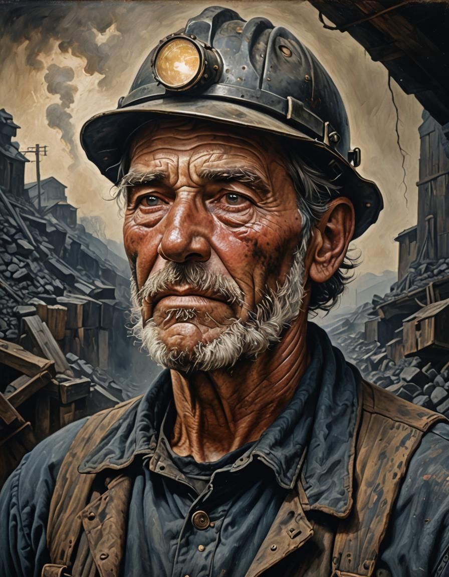 a portrait of an old coal miner in 19th century, beautiful painting ...