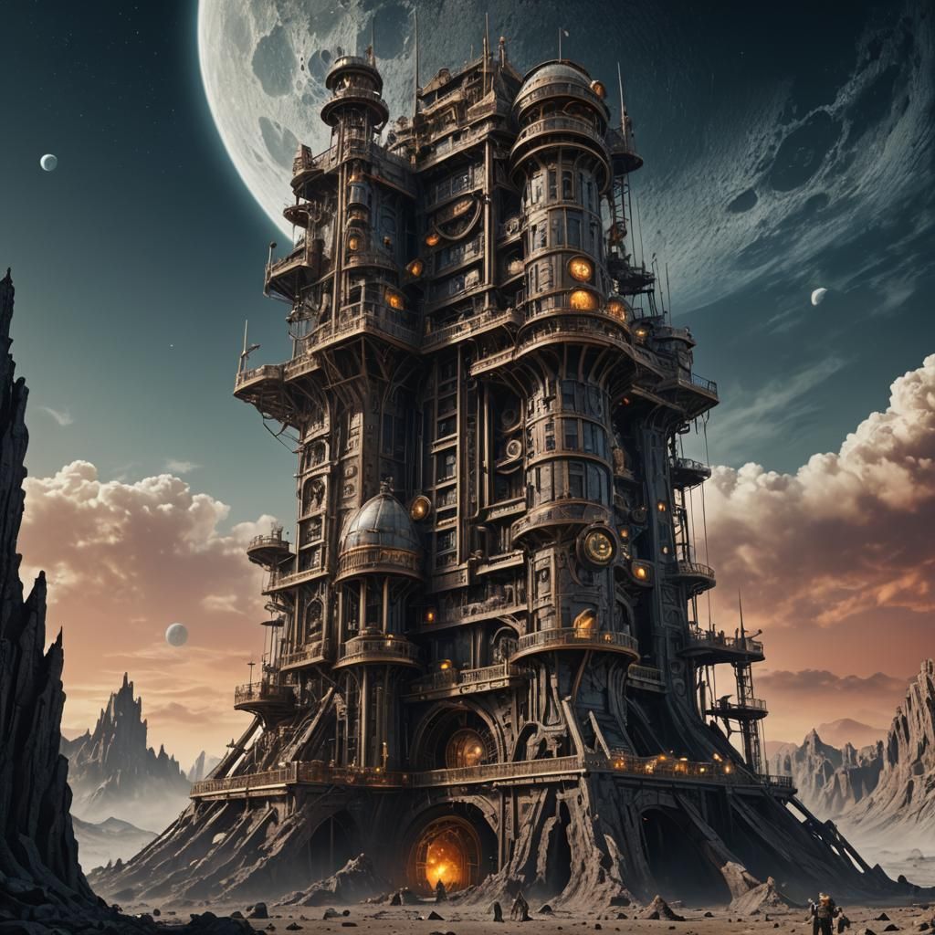 Giant steampunk tower on the Moon