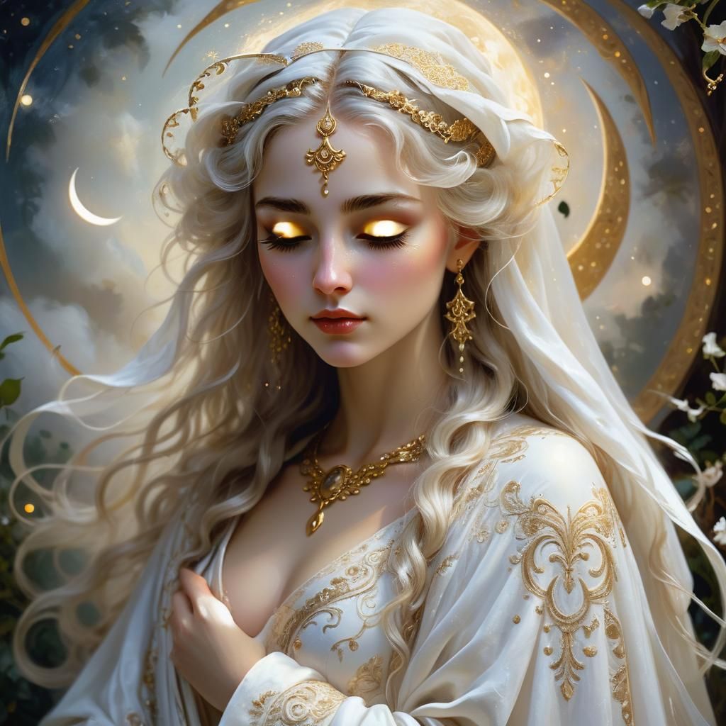 Moon Goddess, ethereal, flowing, crescent, ephemeral, wester...