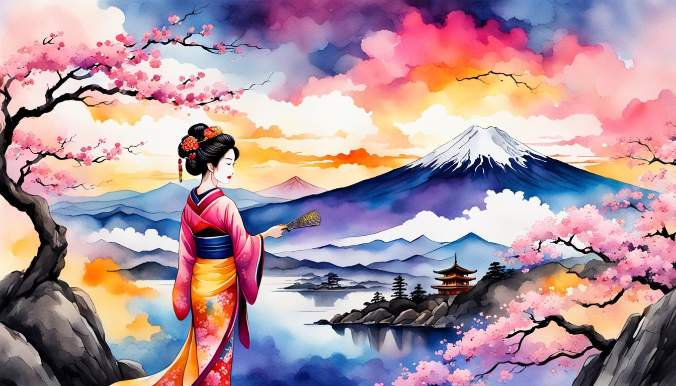 Geisha holding a fan as she enjoyes the evening sunset over ...