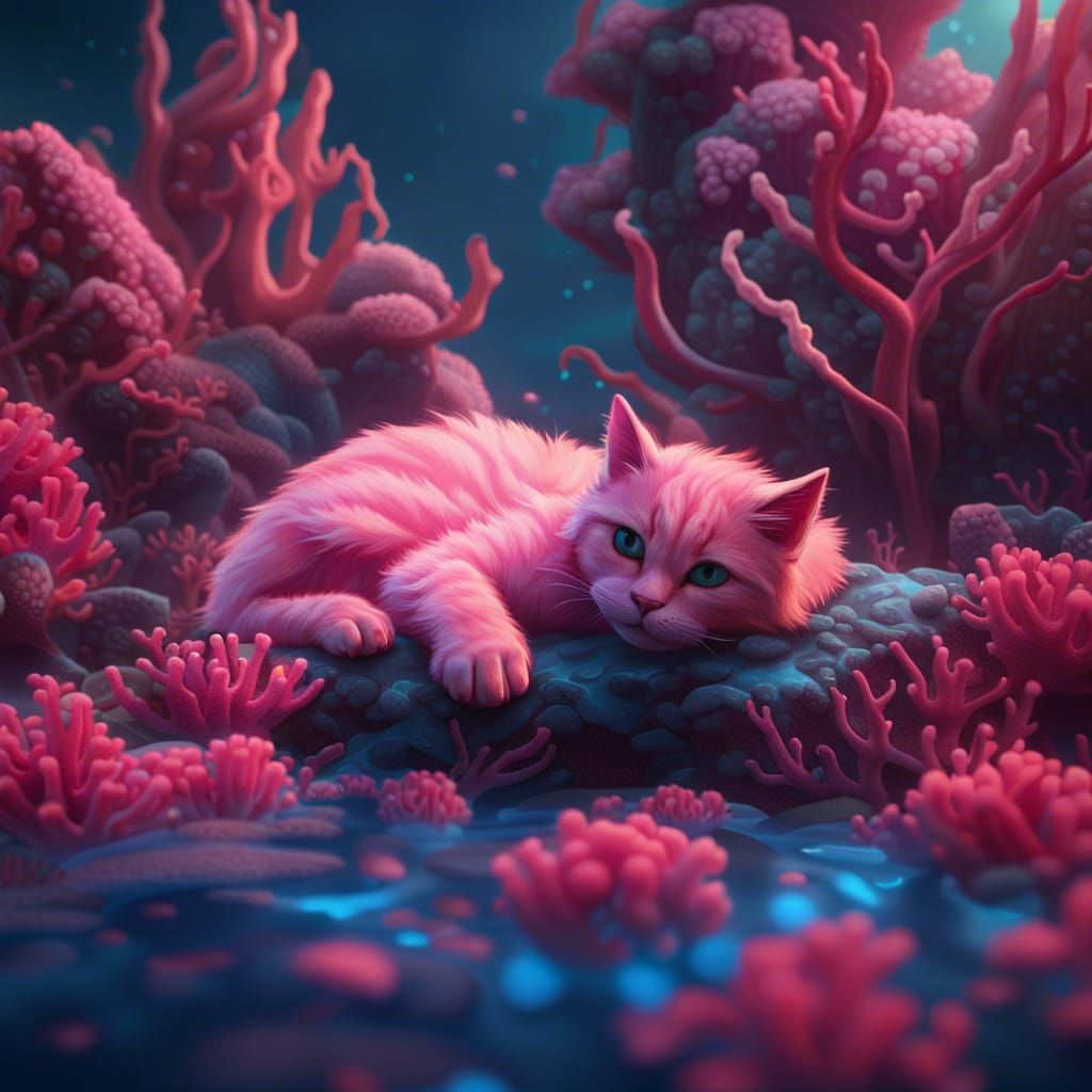 pink cat lying down on a bed of coral