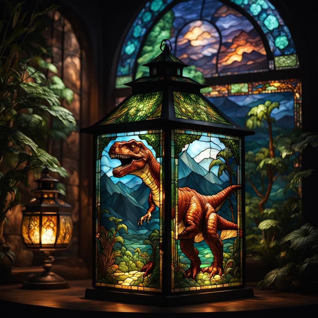 T-REX TIFFANY GLASS LANTERN - AI Generated Artwork - NightCafe Creator