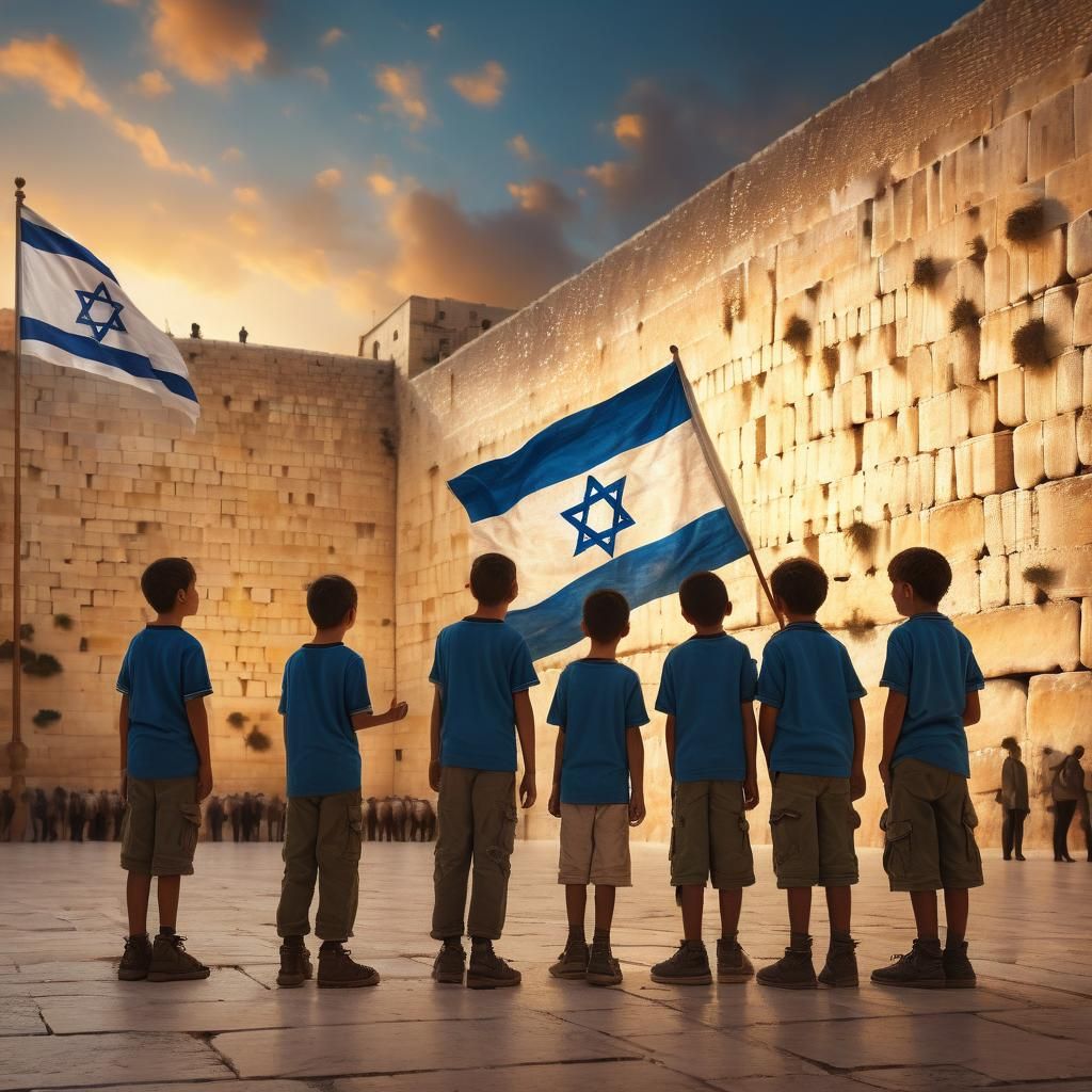 Boys at Western Wall with Israeli Flag