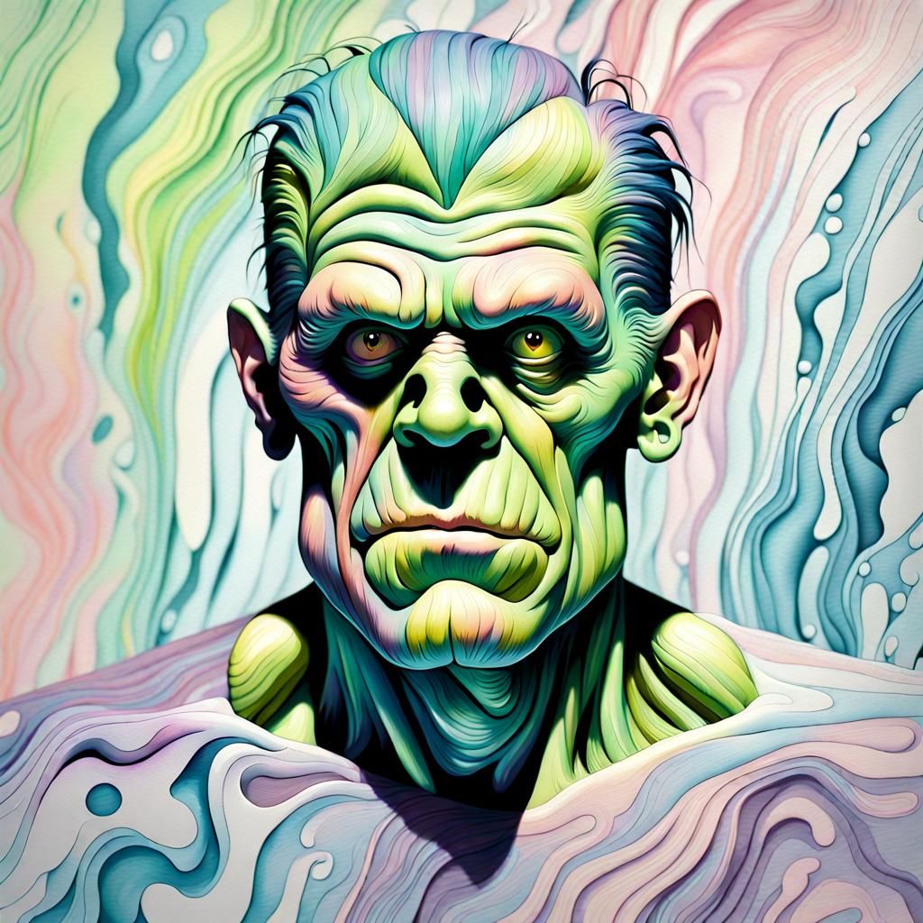 a water marbled Frankenstein's monster with soft pastel colo...