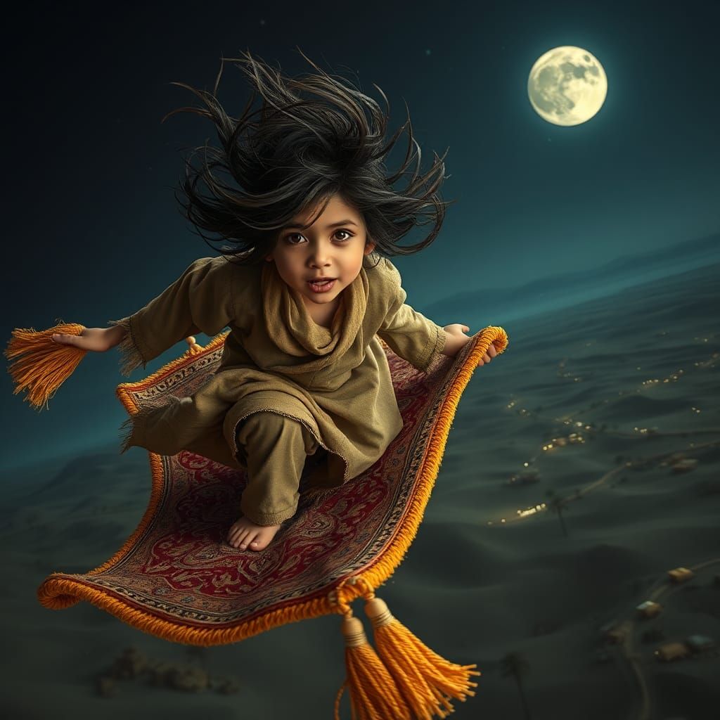 A boy races on a flying magic carpet
