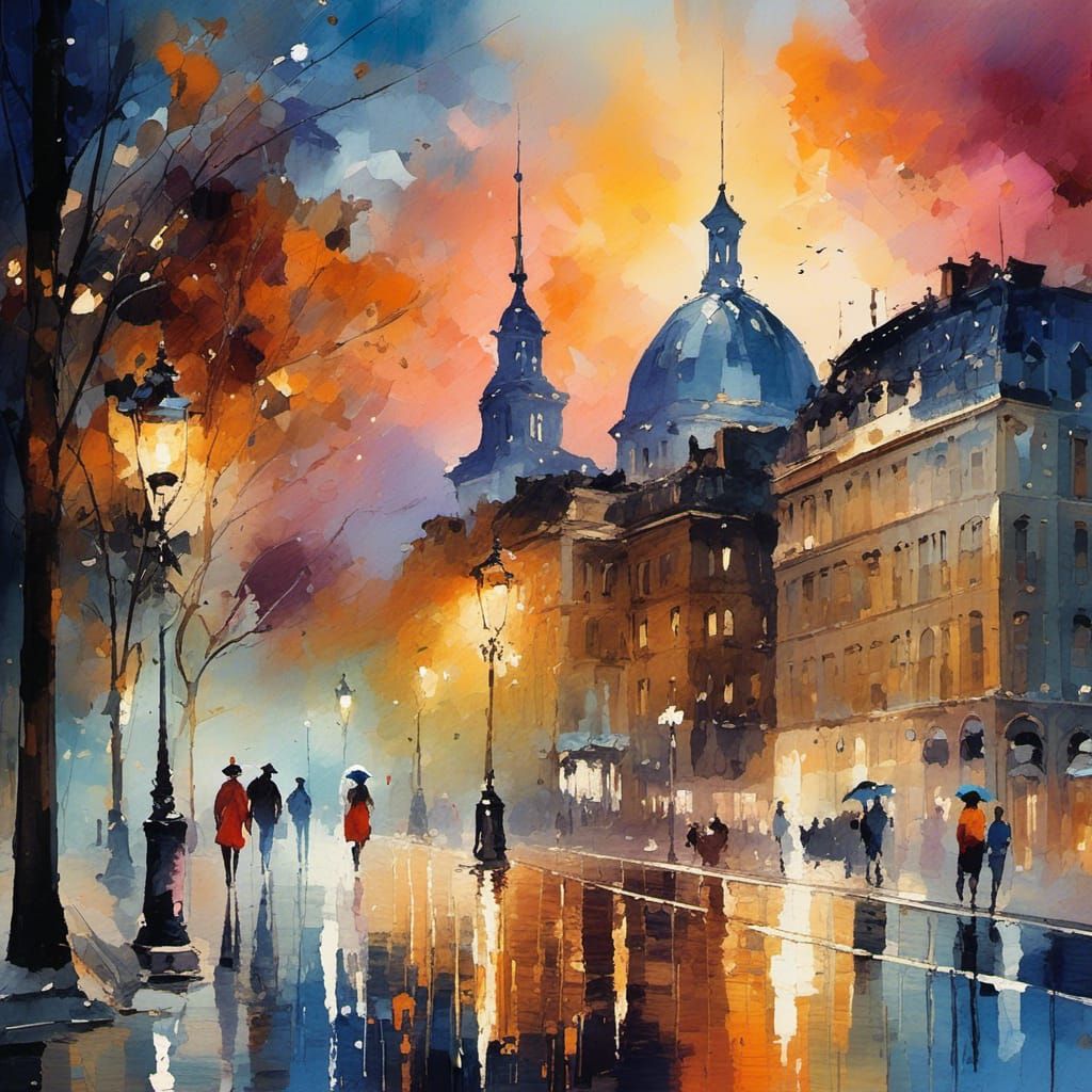 <lora:ImpressionismCity:0.1> Beautiful watercolor paintings of famous structures, cities, and buildings, people on the street, streetlight,...