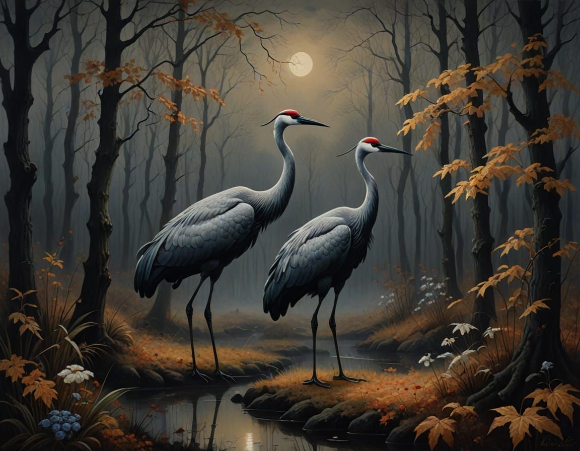 @Serenity Autumn Foggy Forest with Cranes
