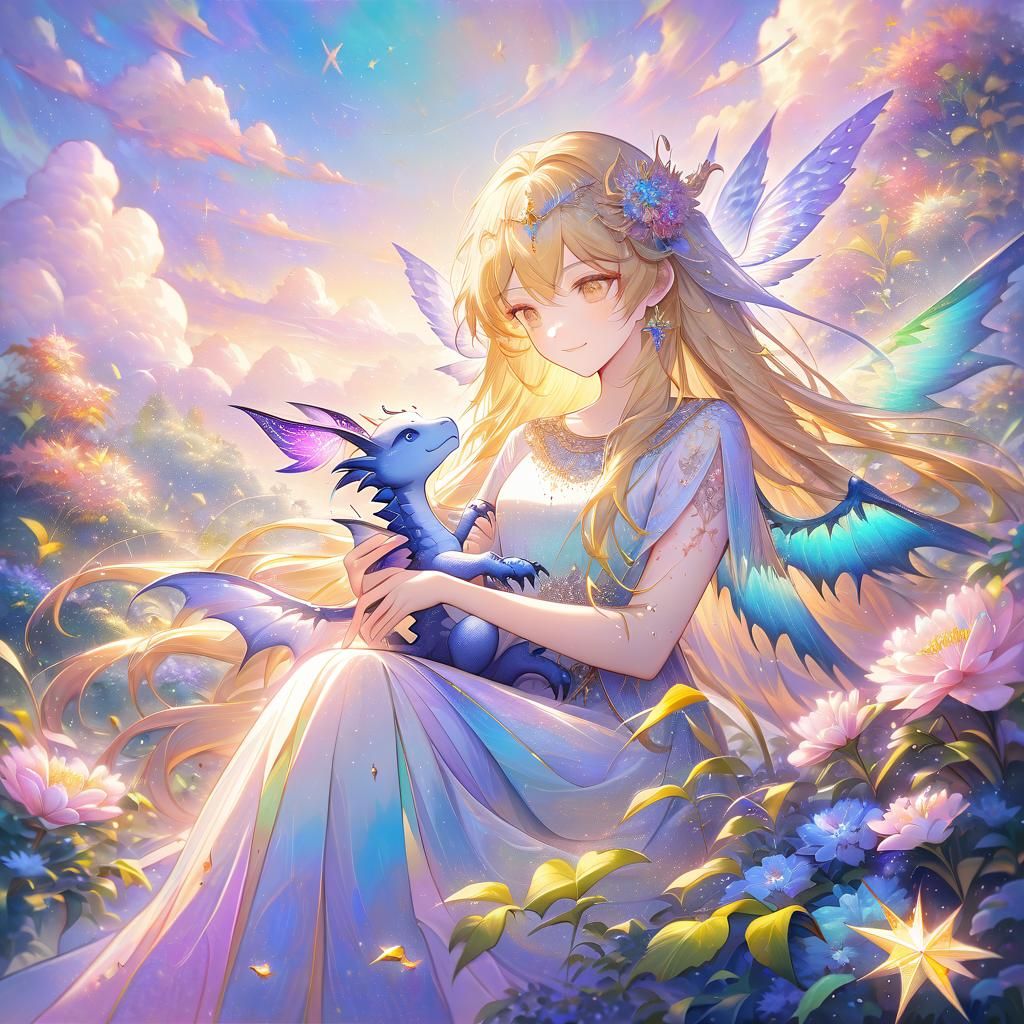 Magical Princess with Baby Dragon: Oil Painting