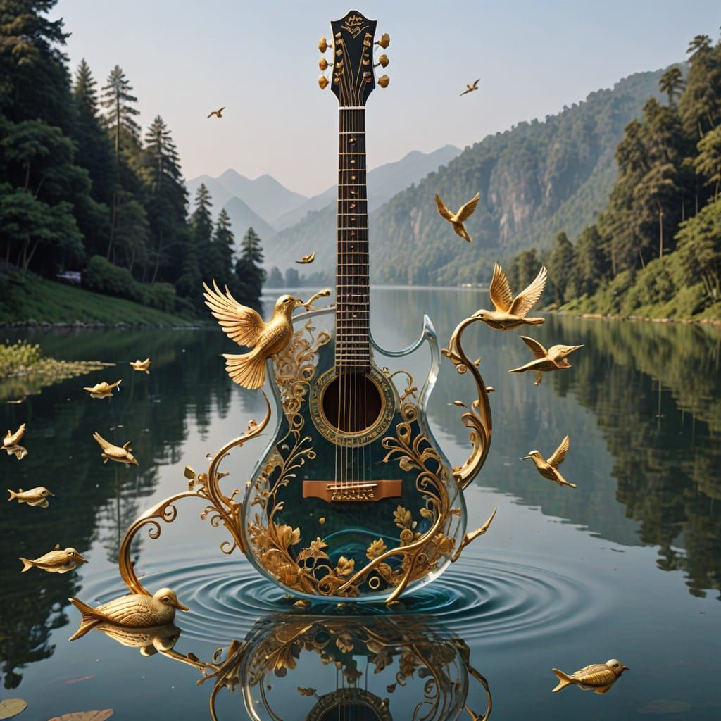 Transparent Guitar with Gold Decorations on Water