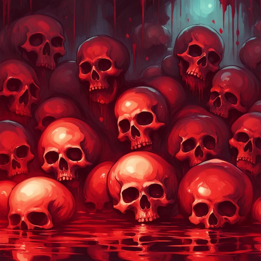 Blood skulls, anime style, the fluids shimmer with the refle...