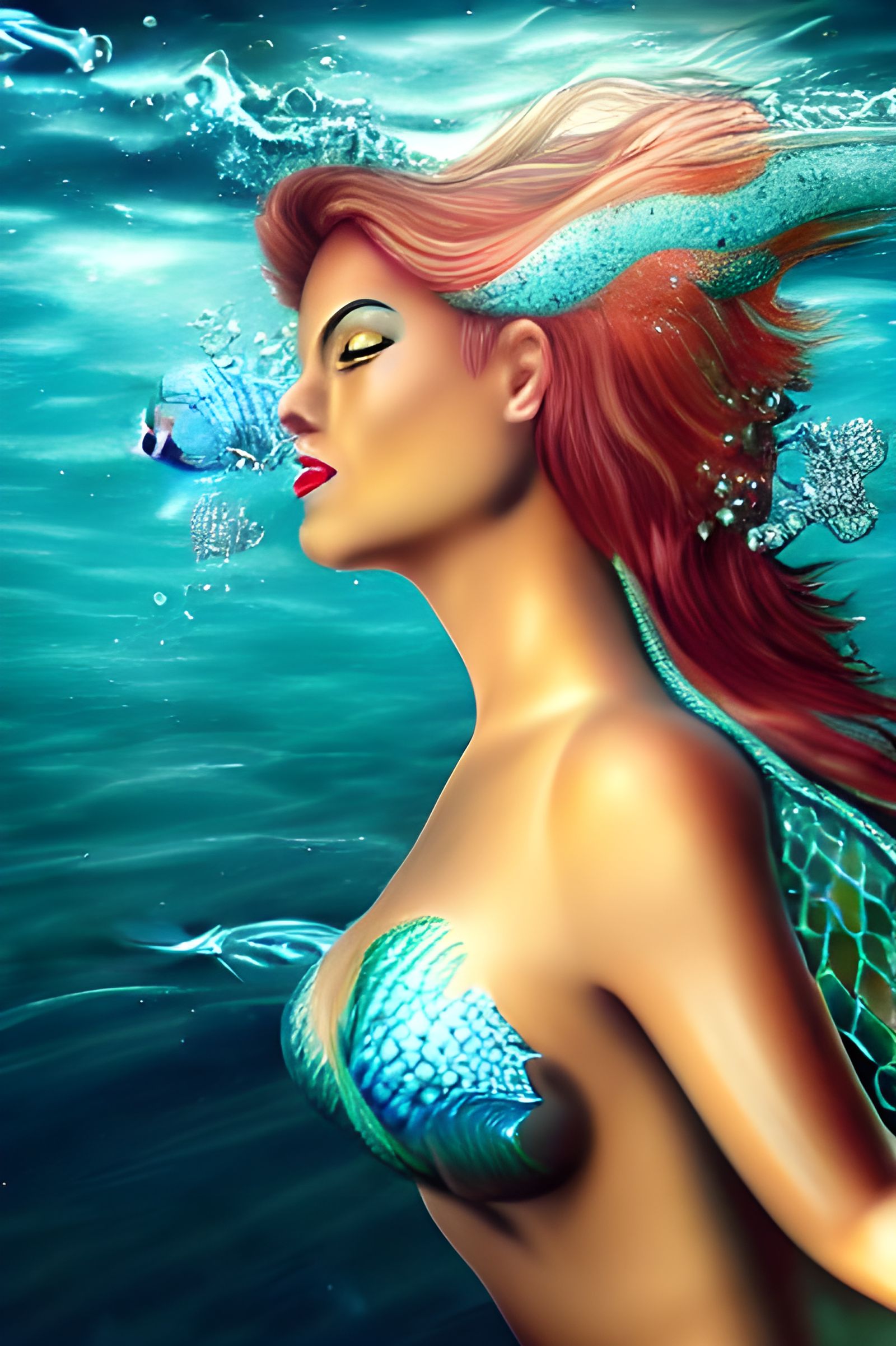 Photorealistic hyperdetailed mermaid under water