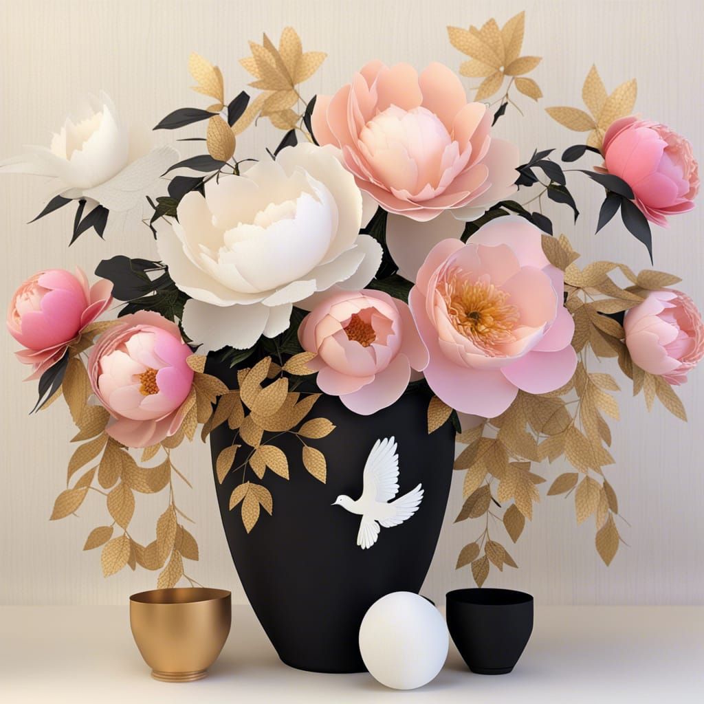Peonies in black and white pots, golden vines strung around ...