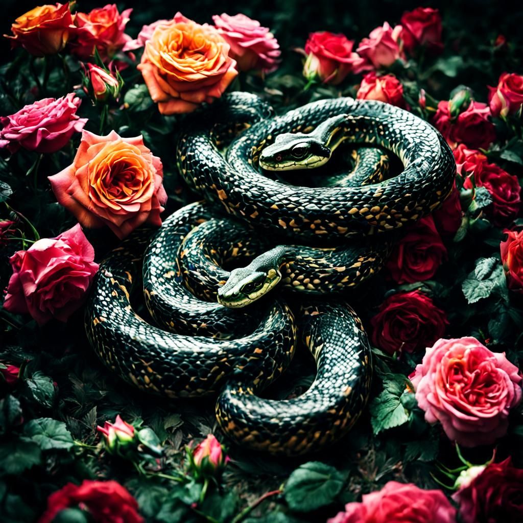 Two snakes surrounded by colorful roses - AI Generated Artwork ...