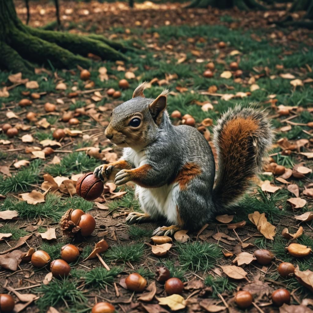 A squirrel reaches for an acorn