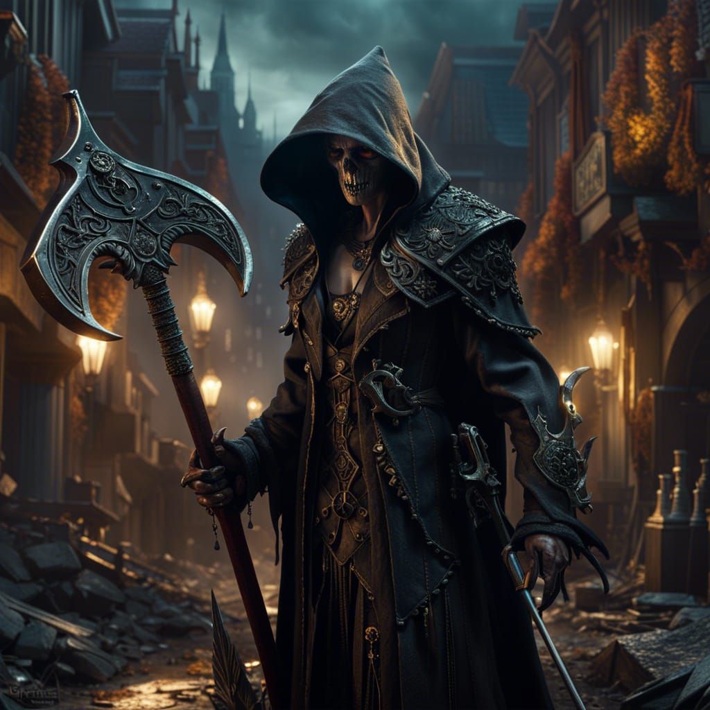 Necromancer with scythe in undead city - AI Generated Artwork ...