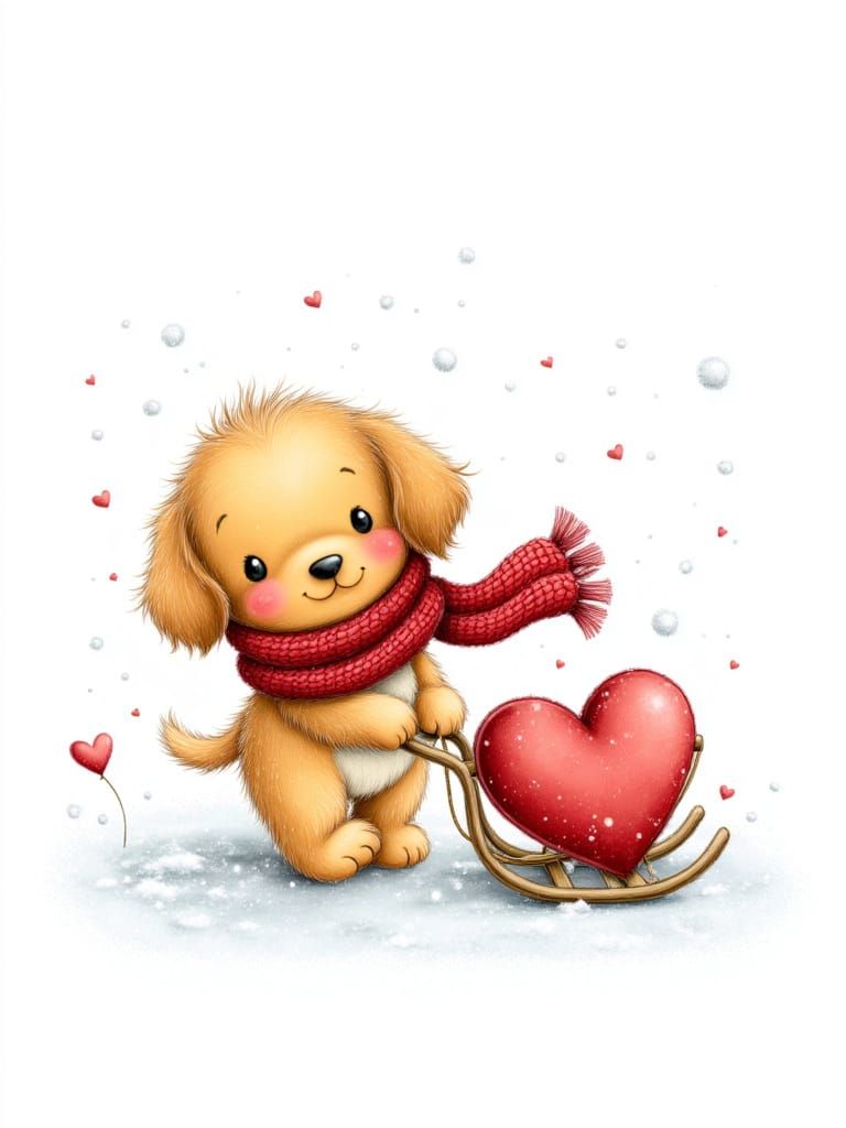 Full body sweet Golden Retriever puppy, wearing a red knitted scarf, gently pulling a heart-shaped sled, clean and crisp lines, isolated on ...