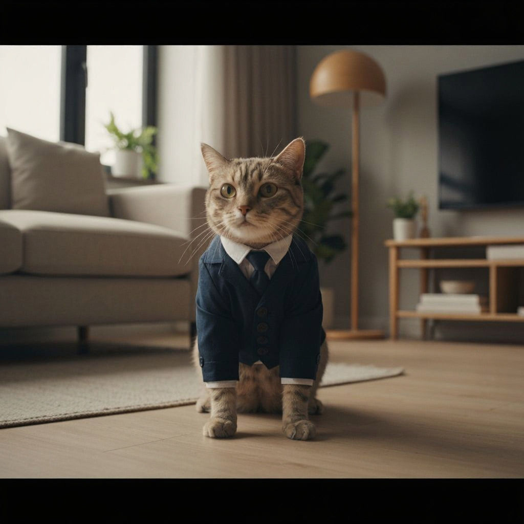 Cat Broadcaster in Suit, Cinematic Film Still