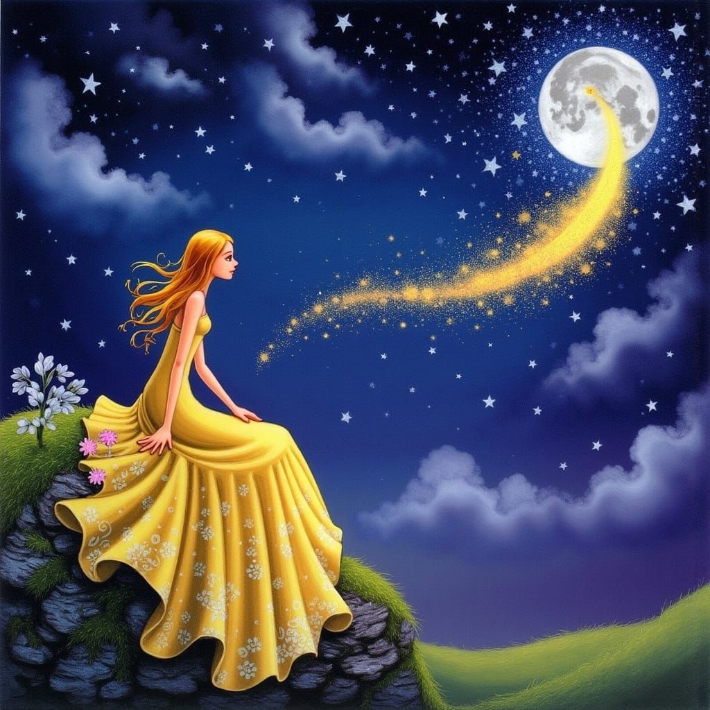 <lora:EXPLOSION OF COLOURS:1.0> A young girl with a dreamy expression and flowing hair, dressed in a flowing yellow gown  sits on a rocky ou...