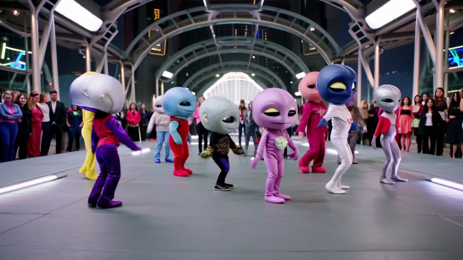 Cosplay aliens line dancing on a dance floor