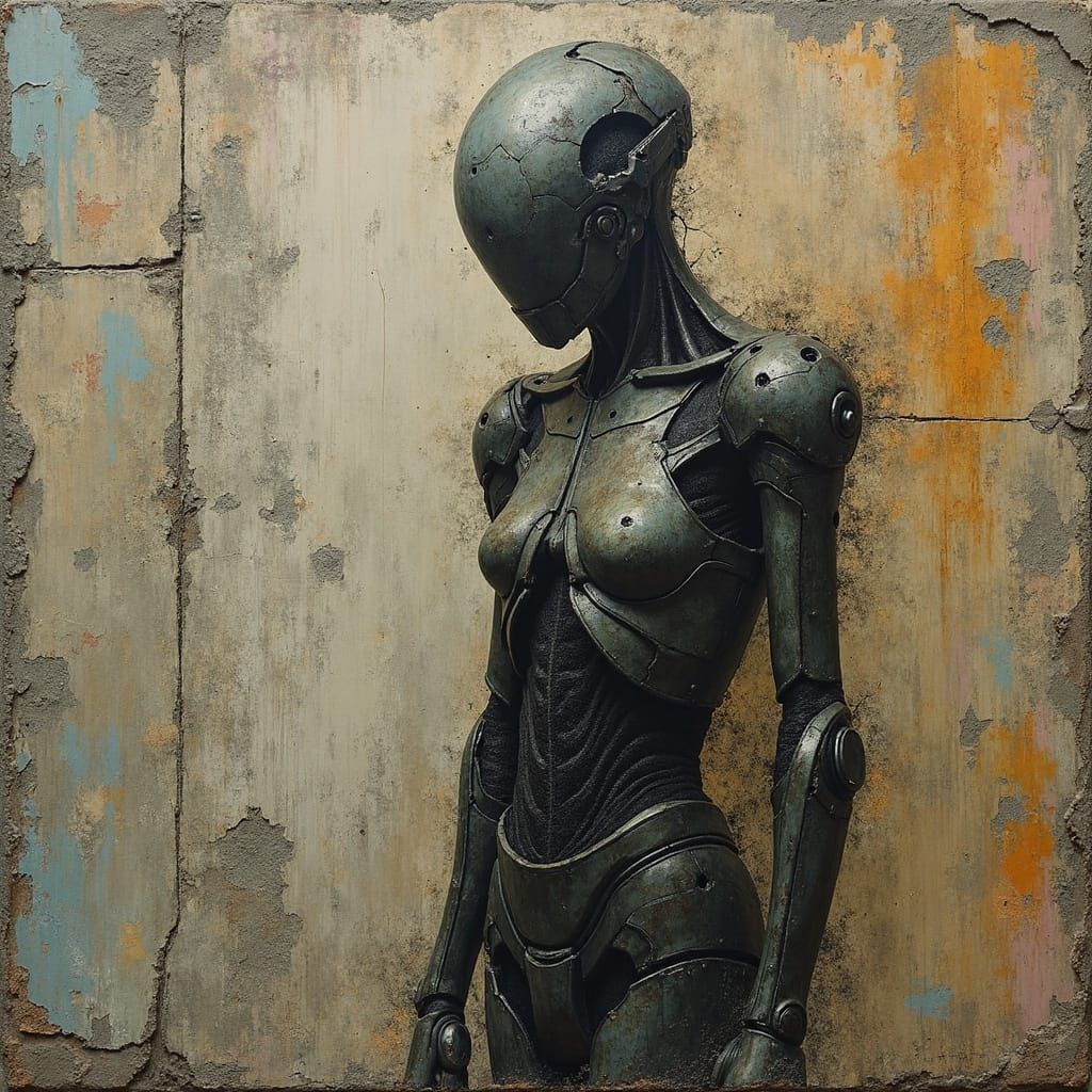 A futuristic humanoid robot stands in a weathered industrial setting, showcasing intricate mechanical details and a sleek, metallic design.