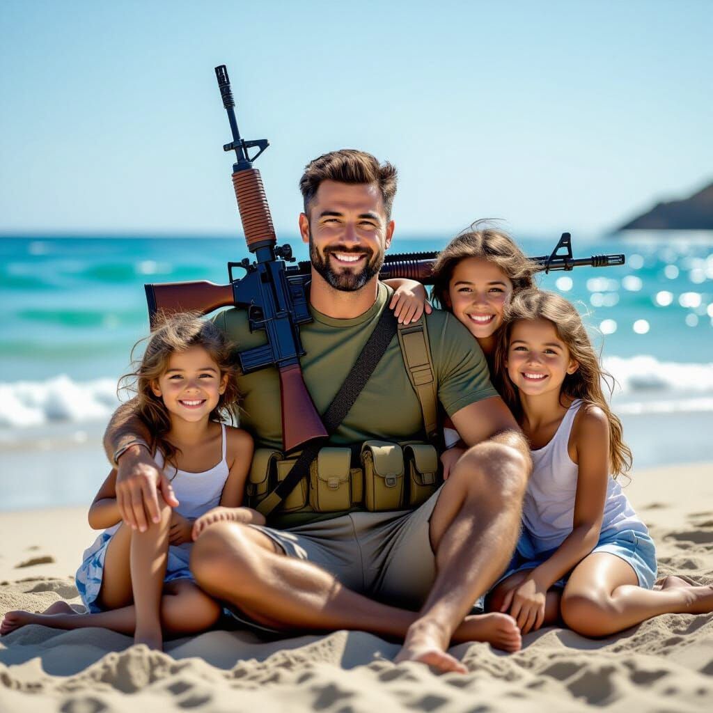Family on Beach with Rifle, Illustrative Style