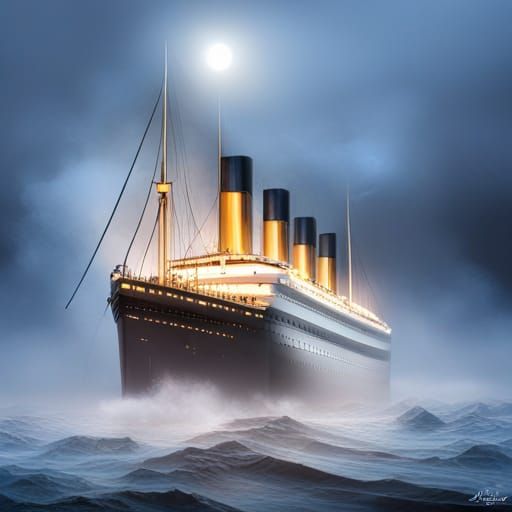 The Titanic in fog, 8k resolution, a masterpiece, 35mm, hyperrealistic ...