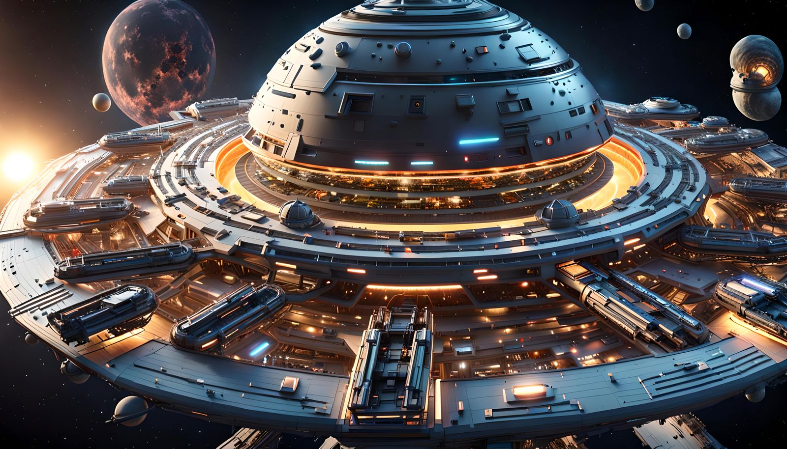 Spheric spaceship, deep space, outside view, crowded area, d...