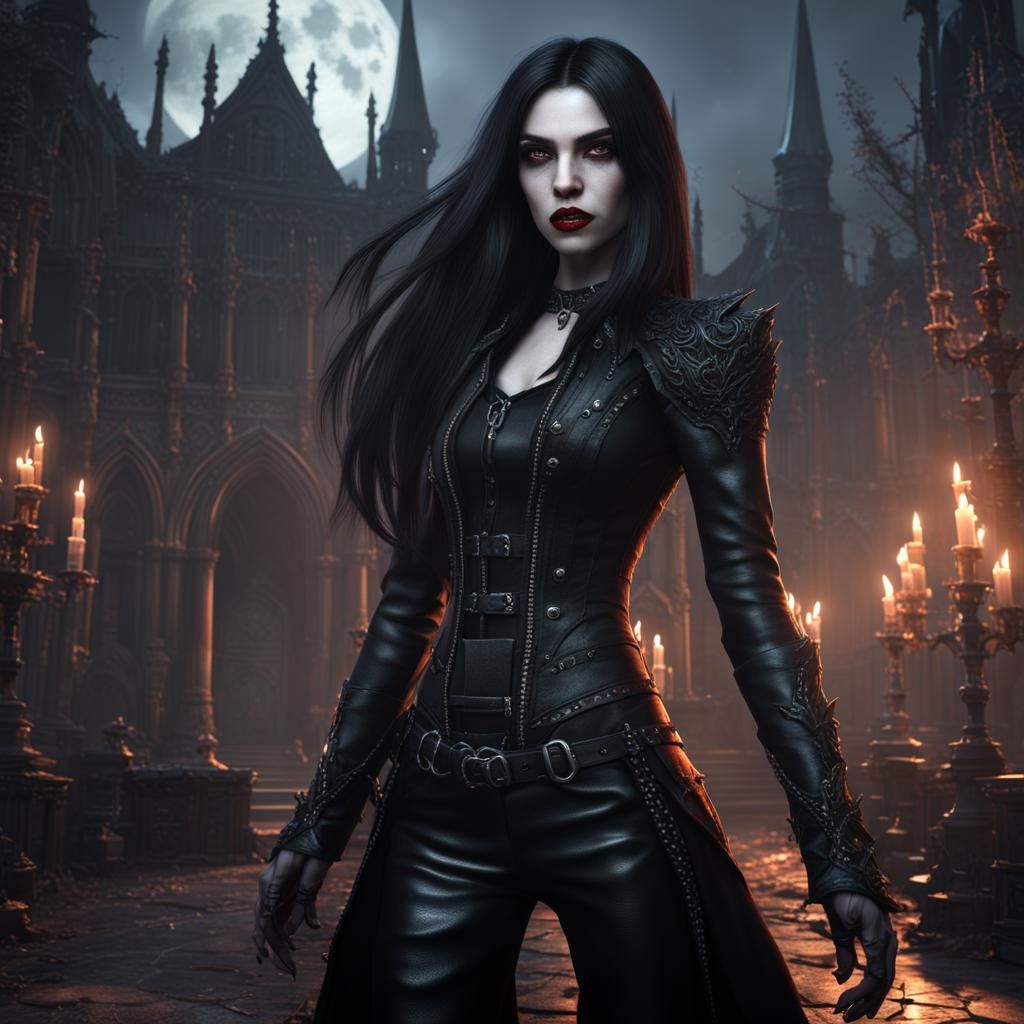 Beautiful gothic vampire girl black leather outfit black lon...