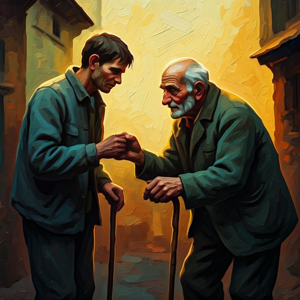 Kind Neighborly Act in Gouache Impressionist Style