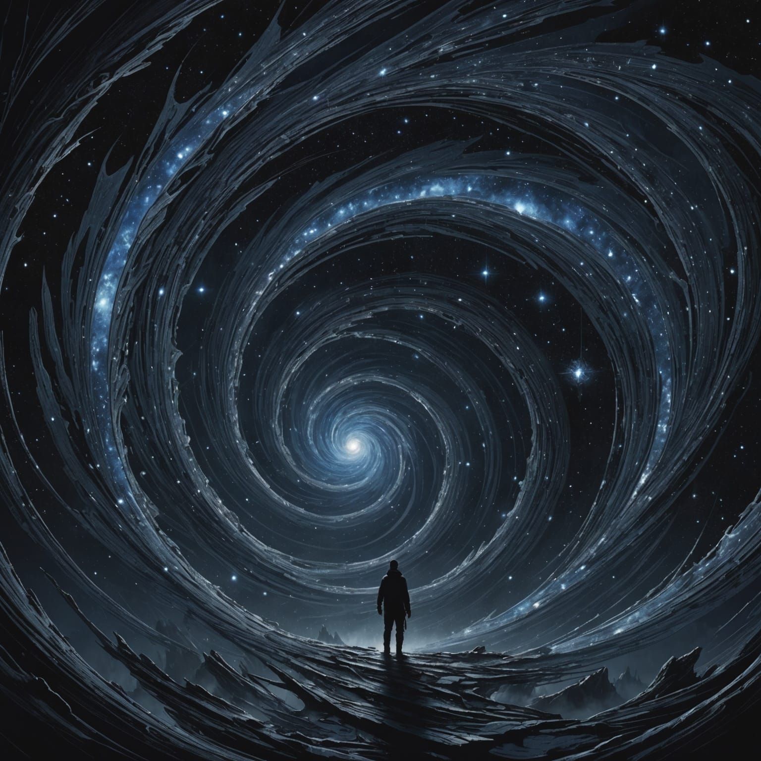 In the depths of a galactic void, a swirling vortex of shimmering darkness captivates the eye, filled with ominous beauty. This concept art...