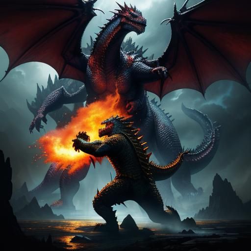 fire breathing dragon fighting godzilla