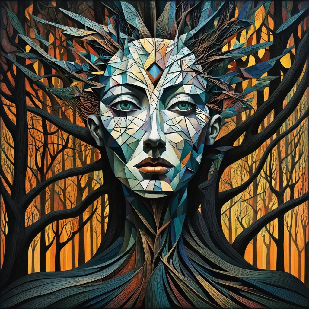 Cubist goth woman with geometry wings on her back, black on black, blue and purple and red highlights trees, Kids Crayon drawings ,surreal c...