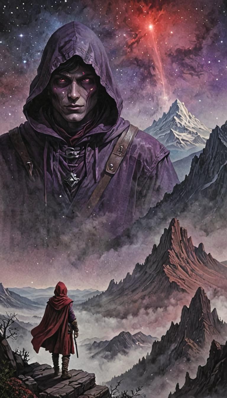 Dark Fantasy Traveler Gazing at Misty Mountains