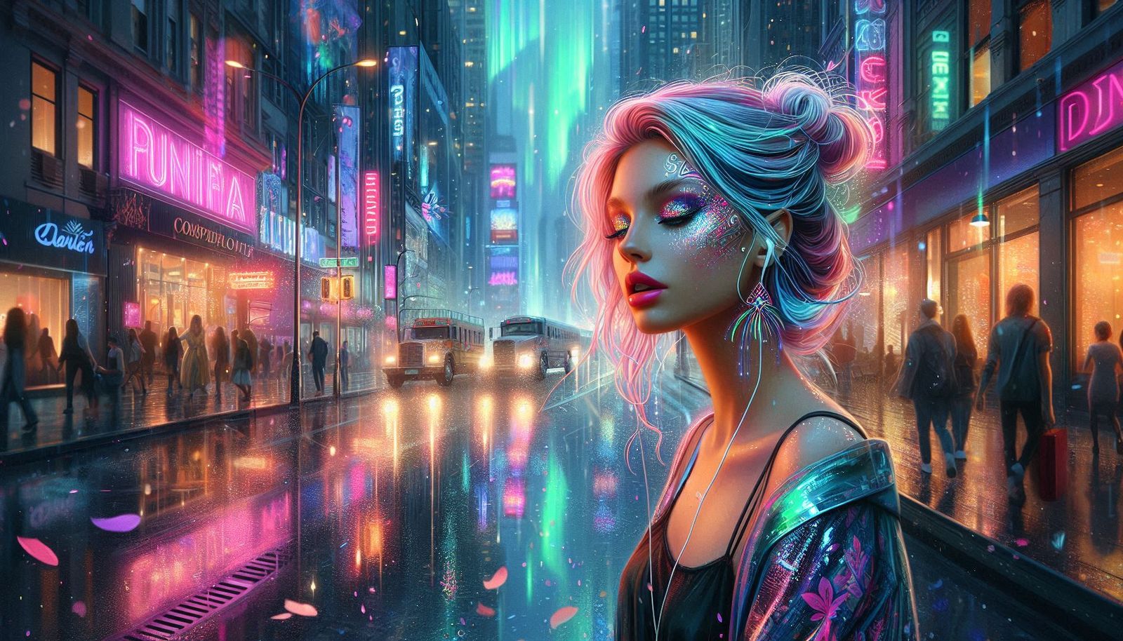 “Neon Reverie” 
A dreamer adrift in a cyberpunk cityscape, w...