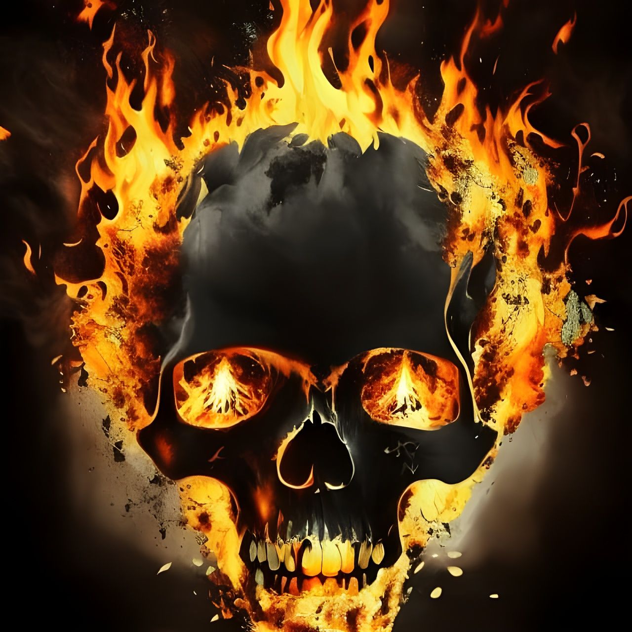 Surrealist Double Exposure Evil Burning Black Shadow Skull With Glowing 