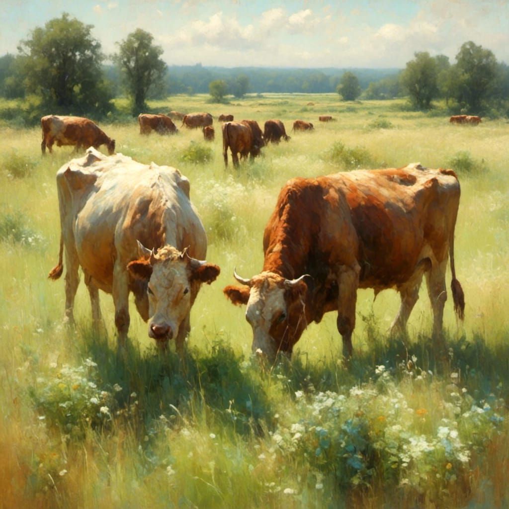 Cows eating grass
