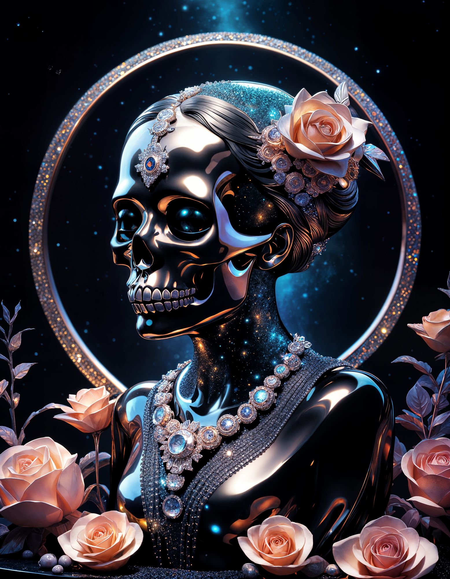 Hyperrealistic, ultra-detailed render of a luxurious Kuromi ( hello kitty )( figure. The entire figure is crafted from polished dark platinu...